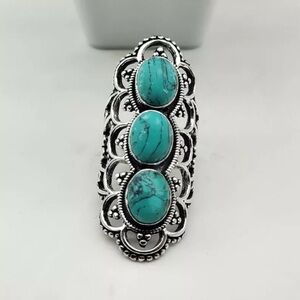 Sterling Silver Beautiful Turquoise 925 Sterling Triple Gemstone Women Ring